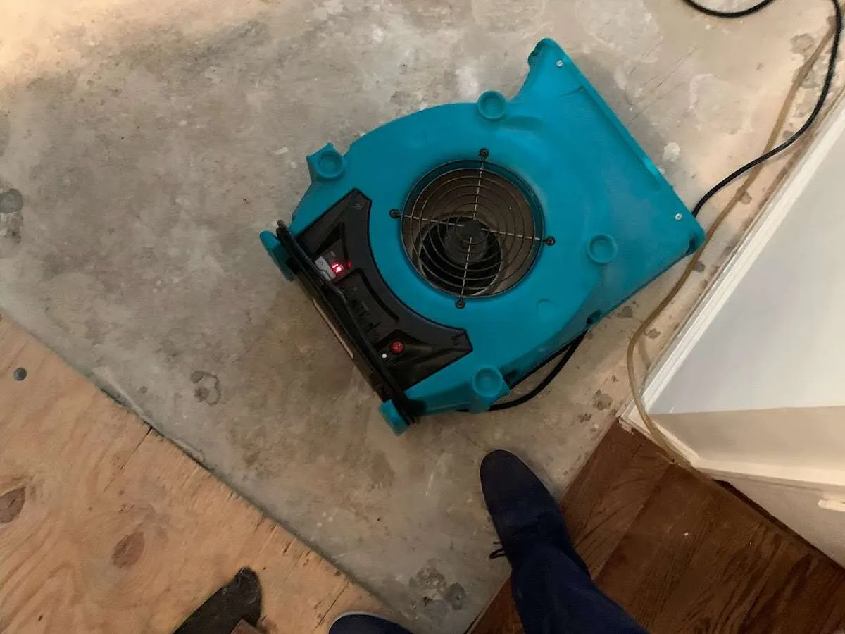 Air mover drying subfloor during Commercial Water Damage Restoration in San Leandro